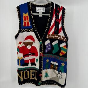 VTG Spice of Life Christmas Holiday Knit Cardigan Sweater Vest Womens L Bells
